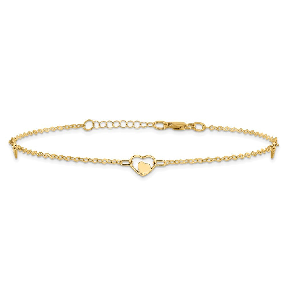 14k Yellow Gold Polished Heart-in-Heart Links 3-Station 10" Anklet