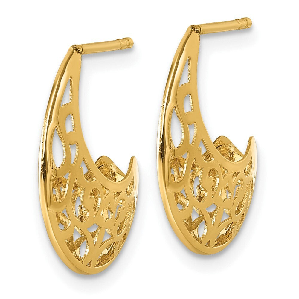14k Yellow Gold Polished Fancy Cut Out Design J-Hoop Earrings Gift for Women