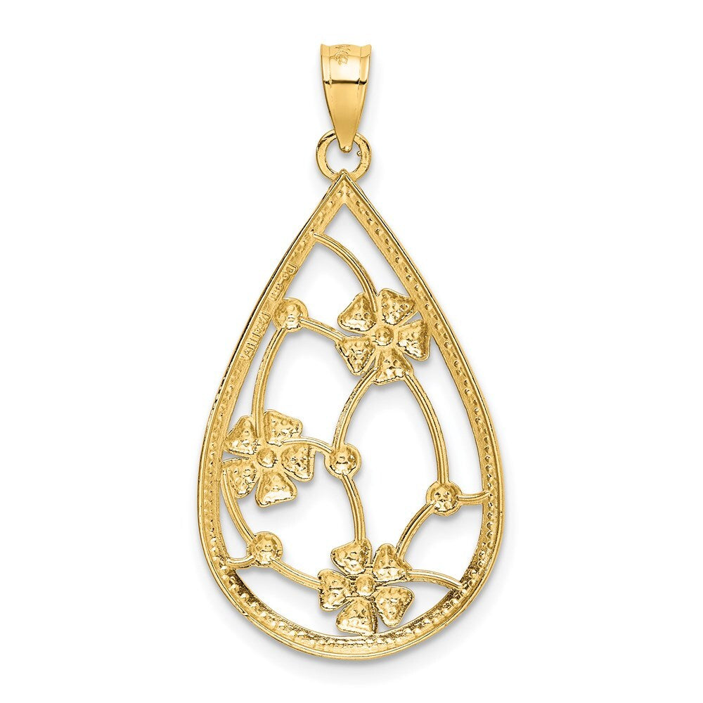 14k Yellow Gold White Rhodium Flowers In Teardrop Frame Charm