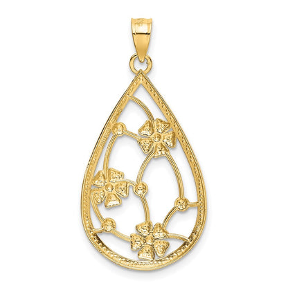 14k Yellow Gold White Rhodium Flowers In Teardrop Frame Charm