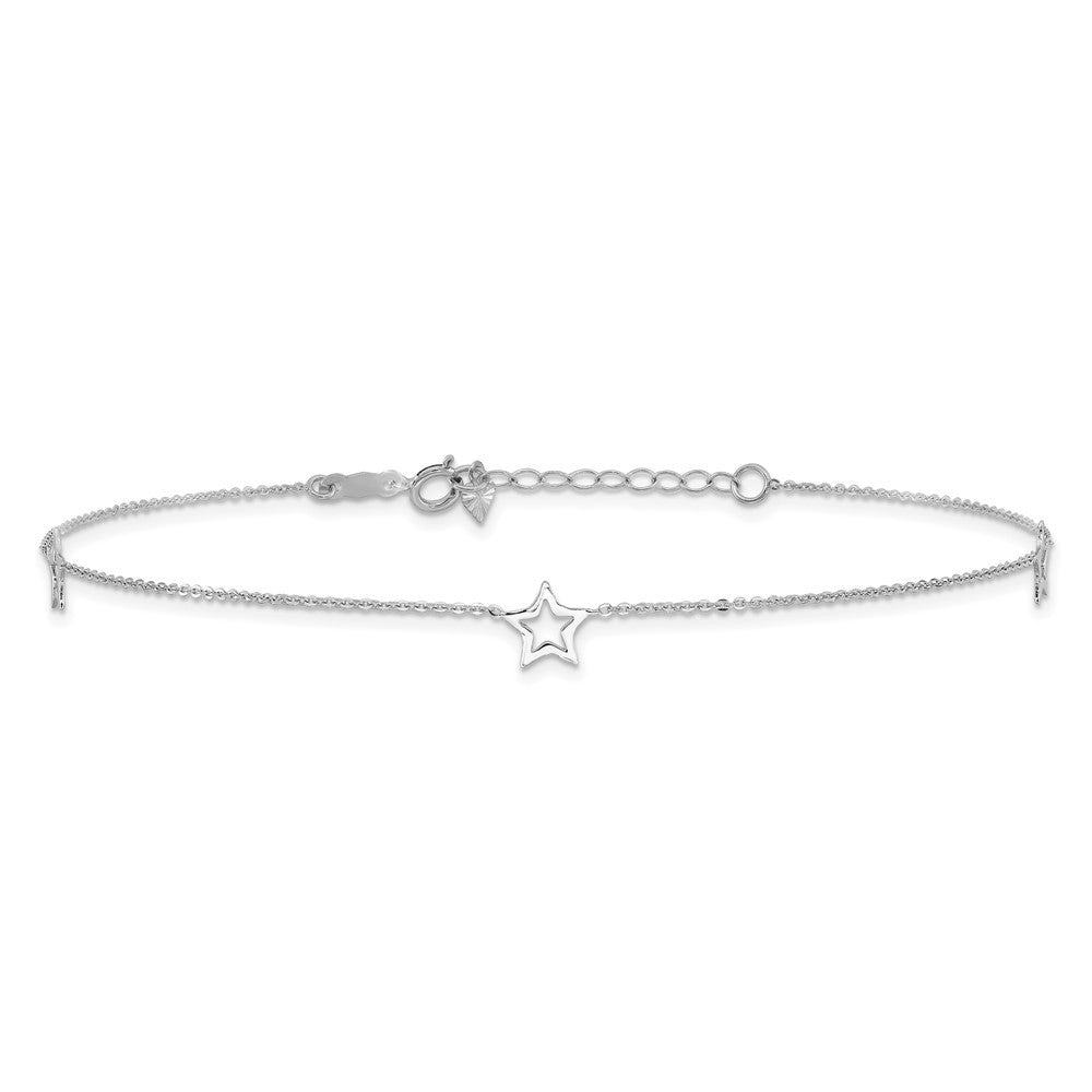 14K White Gold Open Star 3-Station 10" Anklet