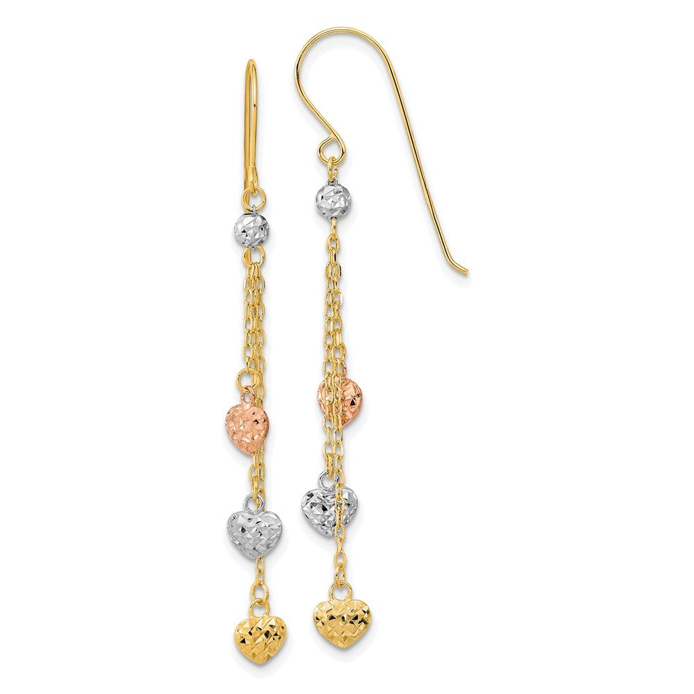 14k Tri-color Diamond-Cut Triple Heart Drop Dangle Earrings w/ Shepherd Hook