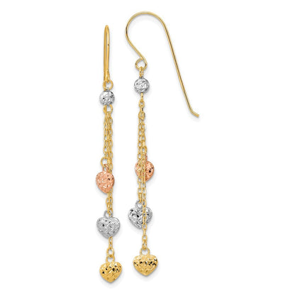 14k Tri-color Diamond-Cut Triple Heart Drop Dangle Earrings w/ Shepherd Hook