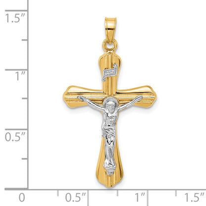 14k Two-tone Gold Grooved Hollow INRI Crucifix Pendent for Women