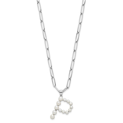Sterling Silver 3-5.5mm White Button Cultured Pearl LETTER P Necklace 18"
