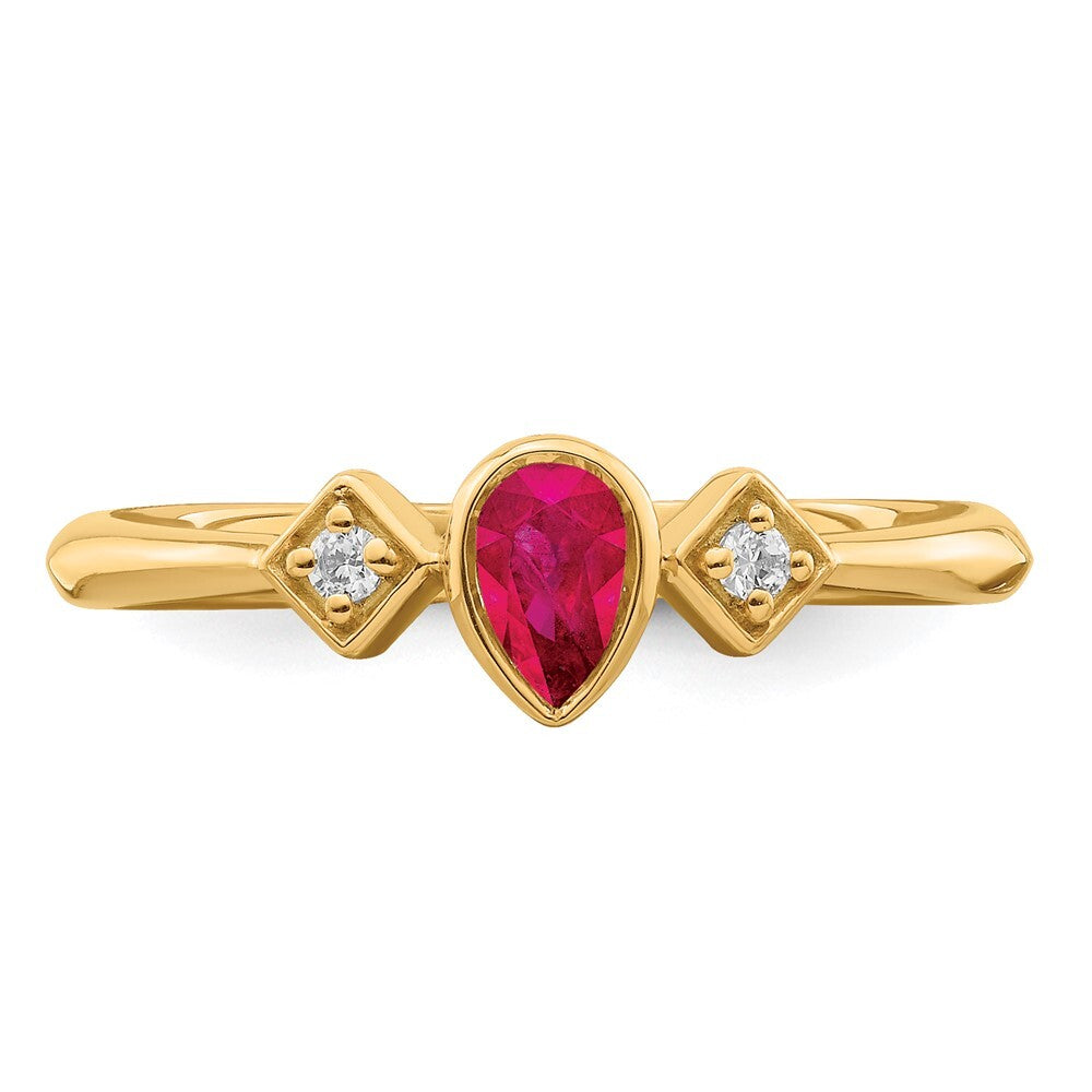 14K Yellow Gold Pear Bezel Ruby and Diamond Ring Size 7