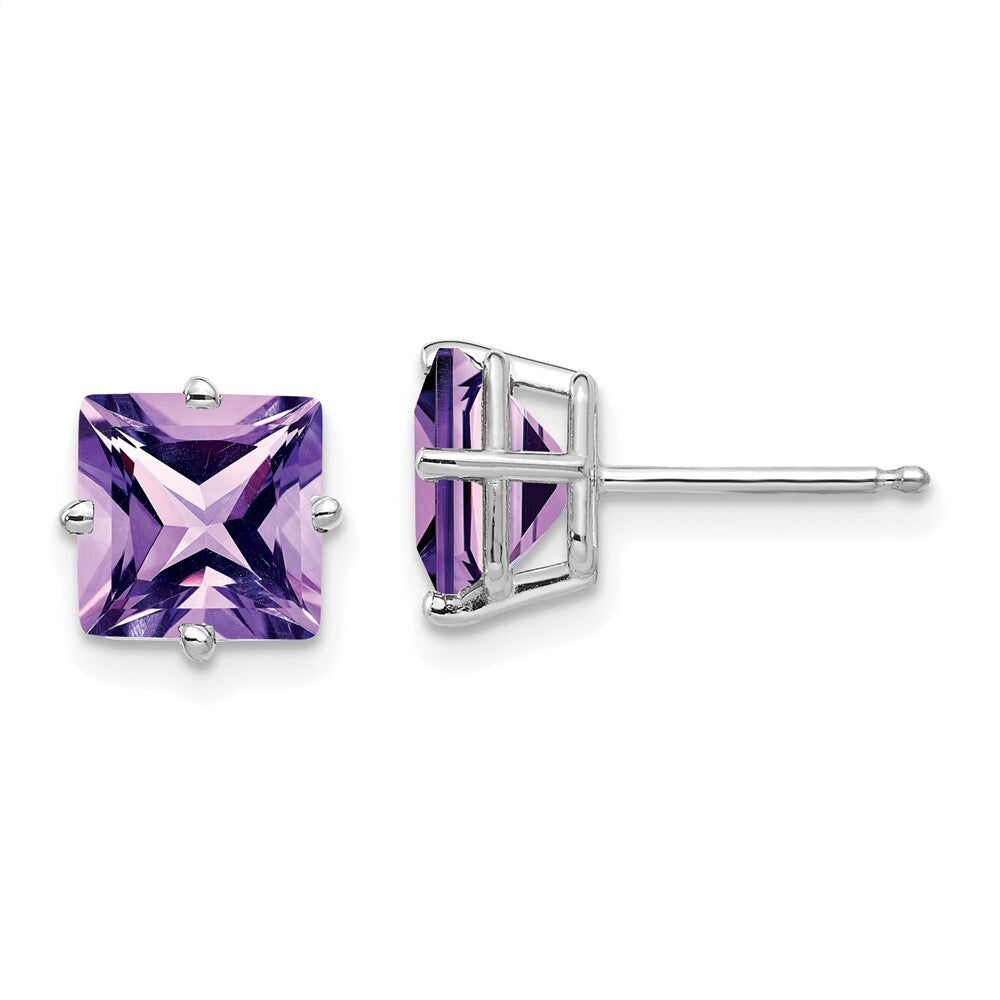14k White Gold 7mm Princess Cut Amethyst Stud Earrings Gift for Women