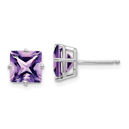 14k White Gold 7mm Princess Cut Amethyst Stud Earrings Gift for Women