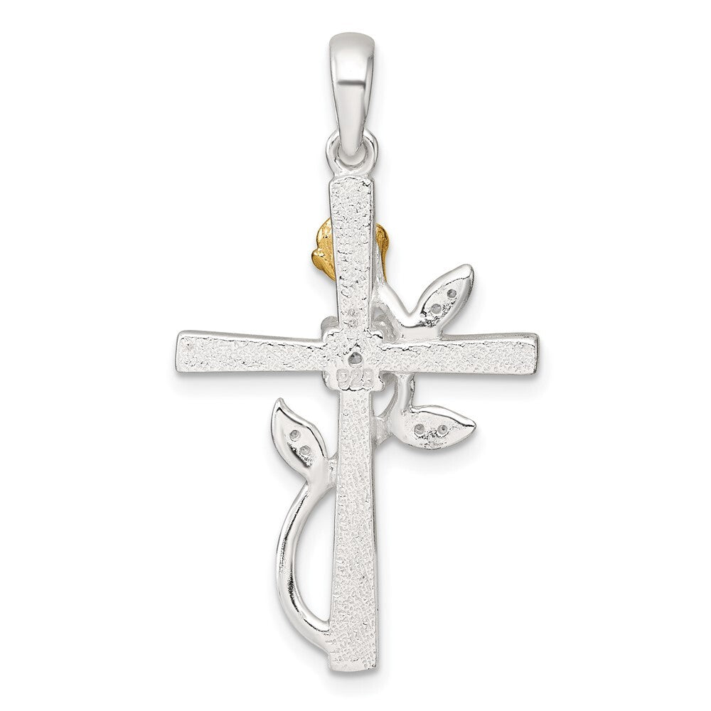 Sterling Silver Gold-tone Cubic Zirconia Cross with Rose Pendant