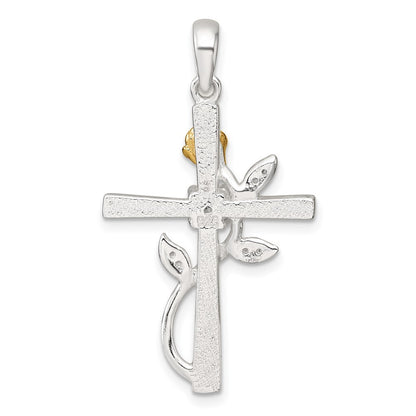 Sterling Silver Gold-tone Cubic Zirconia Cross with Rose Pendant