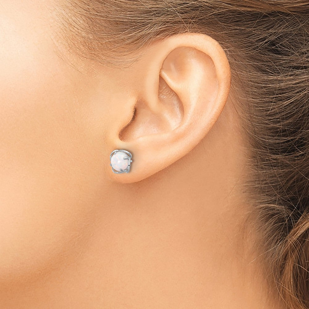 Sterling Silver Rhodium-plated Polished Round Created Opal Earrings