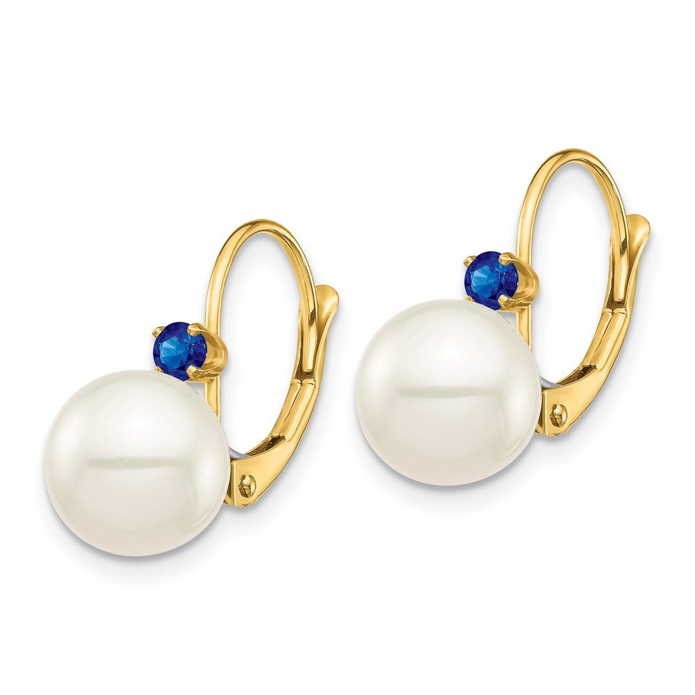 14k Yellow Gold 8-8.5mm Freshwater Cultured Pearl & Sapphire Leverback Earrings