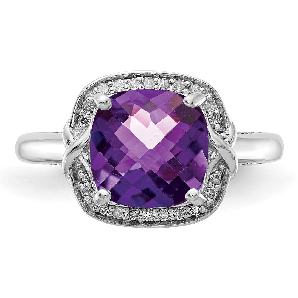 Sterling Silver Rhodium-plated Diamond & Checker-Cut Amethyst Ring Size 8