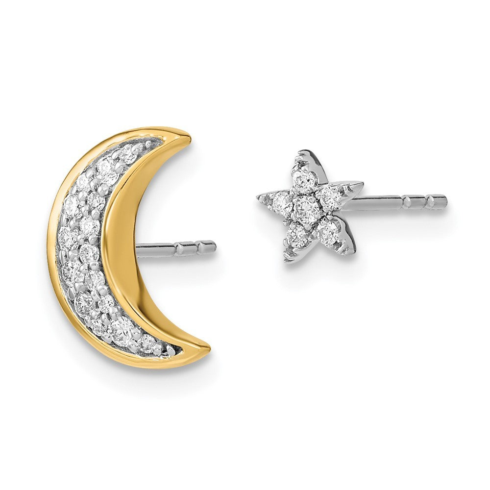 14k Two-tone Gold Moon andStar Diamond Mis-match Earrings