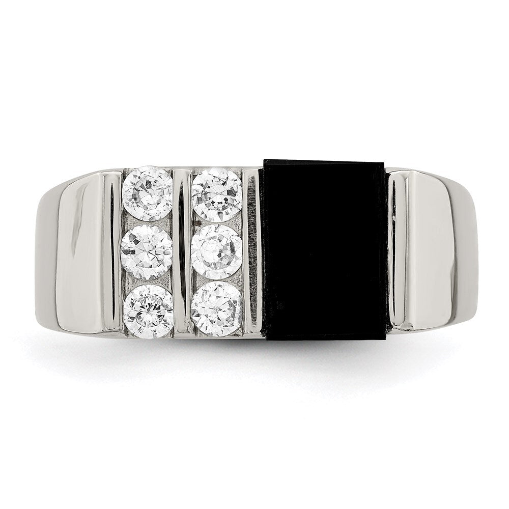 Sterling Silver Rhodium-plated Men's Cubic Zirconia and Onyx Ring Size 9