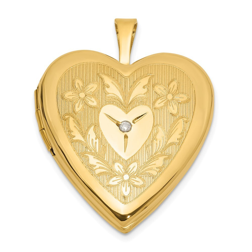 14k Yellow Gold 20mm Polished Floral Design Diamond Heart Locket Pendant