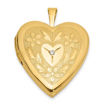14k Yellow Gold 20mm Polished Floral Design Diamond Heart Locket Pendant