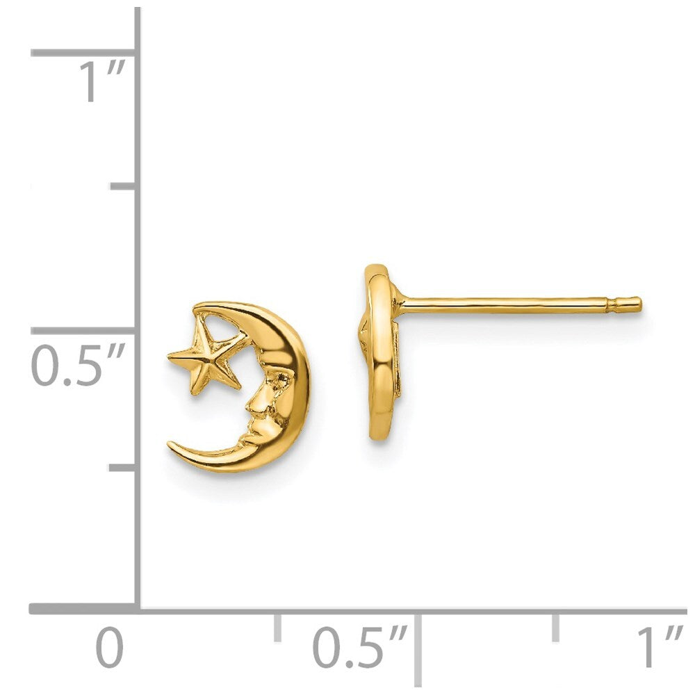 14k Yellow Gold Moon and Star Stud Earrings Gift for Women