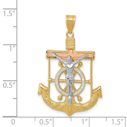 14k Tri-Color Gold Tri-color Diamond-cut Textured Mariner's Cross Pendant