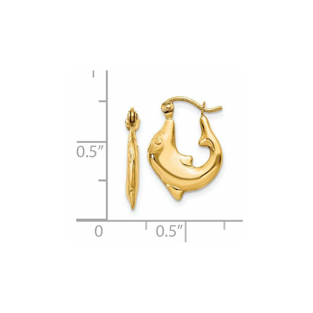 14k Yellow Gold Polished Dolphin Hoop Earrings Gift for Women