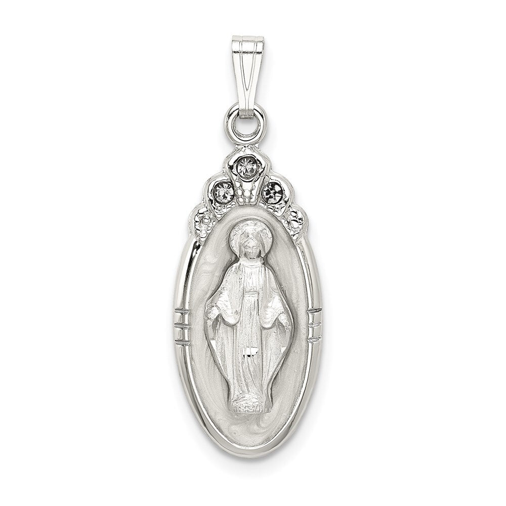 Sterling Silver White Epoxy & Crystal Miraculous Medal Pendant Pendant