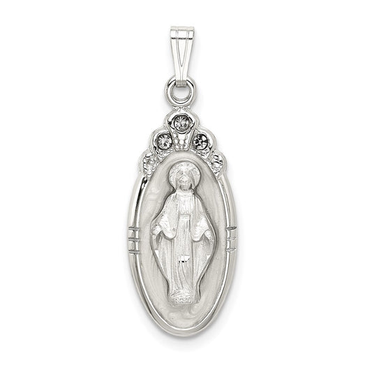 Sterling Silver White Epoxy & Crystal Miraculous Medal Pendant Pendant