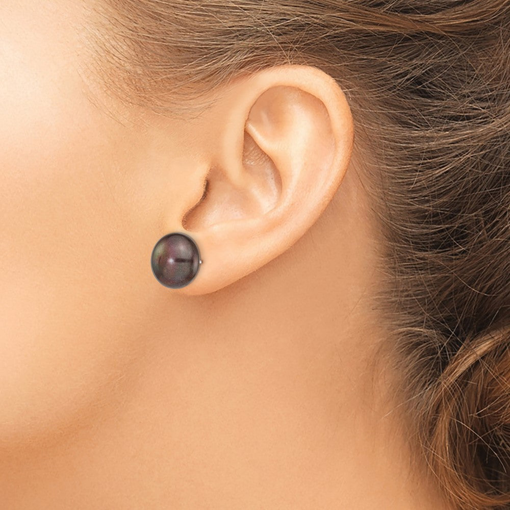 14k White Gold 12-13mm Black Button Freshwater Cultured Pearl Stud Earrings