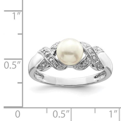Sterling Silver Rhodium 6mm FW Cultured Button Pearl Ring Size 8