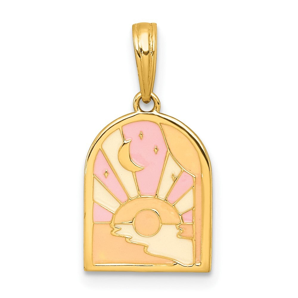 14k Yellow Gold Polished Multi Color Enamel Sunset and Moon Charm Pendant
