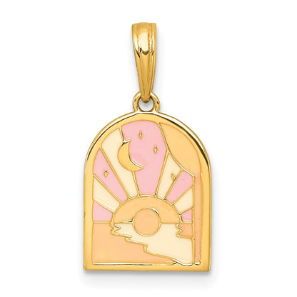 14k Yellow Gold Polished Multi Color Enamel Sunset and Moon Charm Pendant