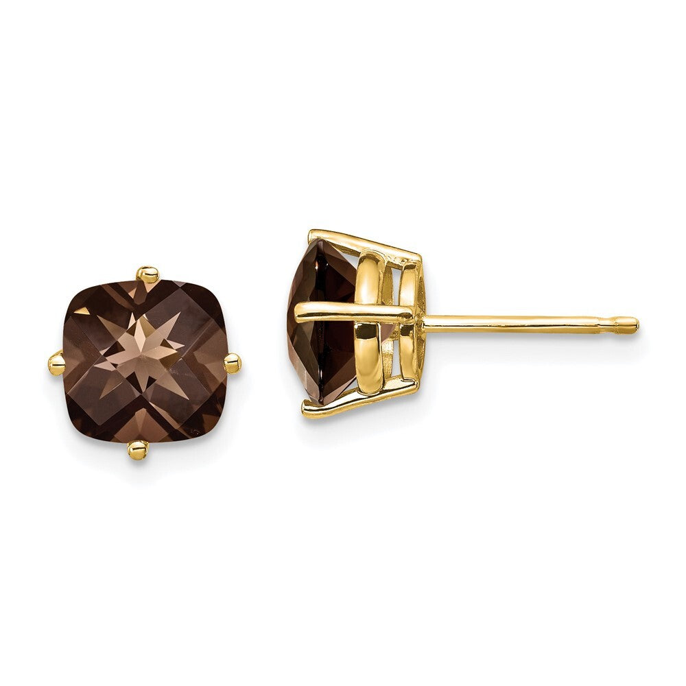 14k Yellow Gold 7mm Cushion Smoky Quartz Earrings Gift for Women