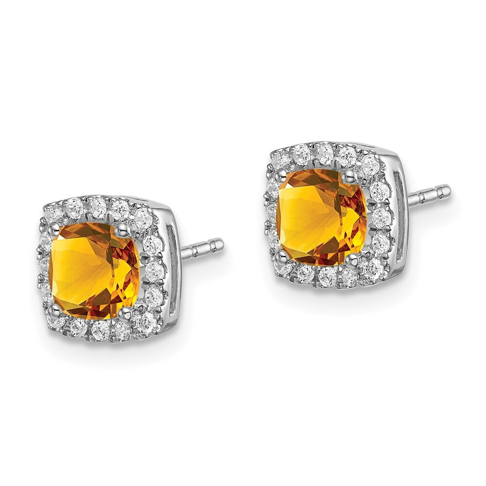 14k White Gold Cushion Citrine and Diamond Halo Stud Earrings