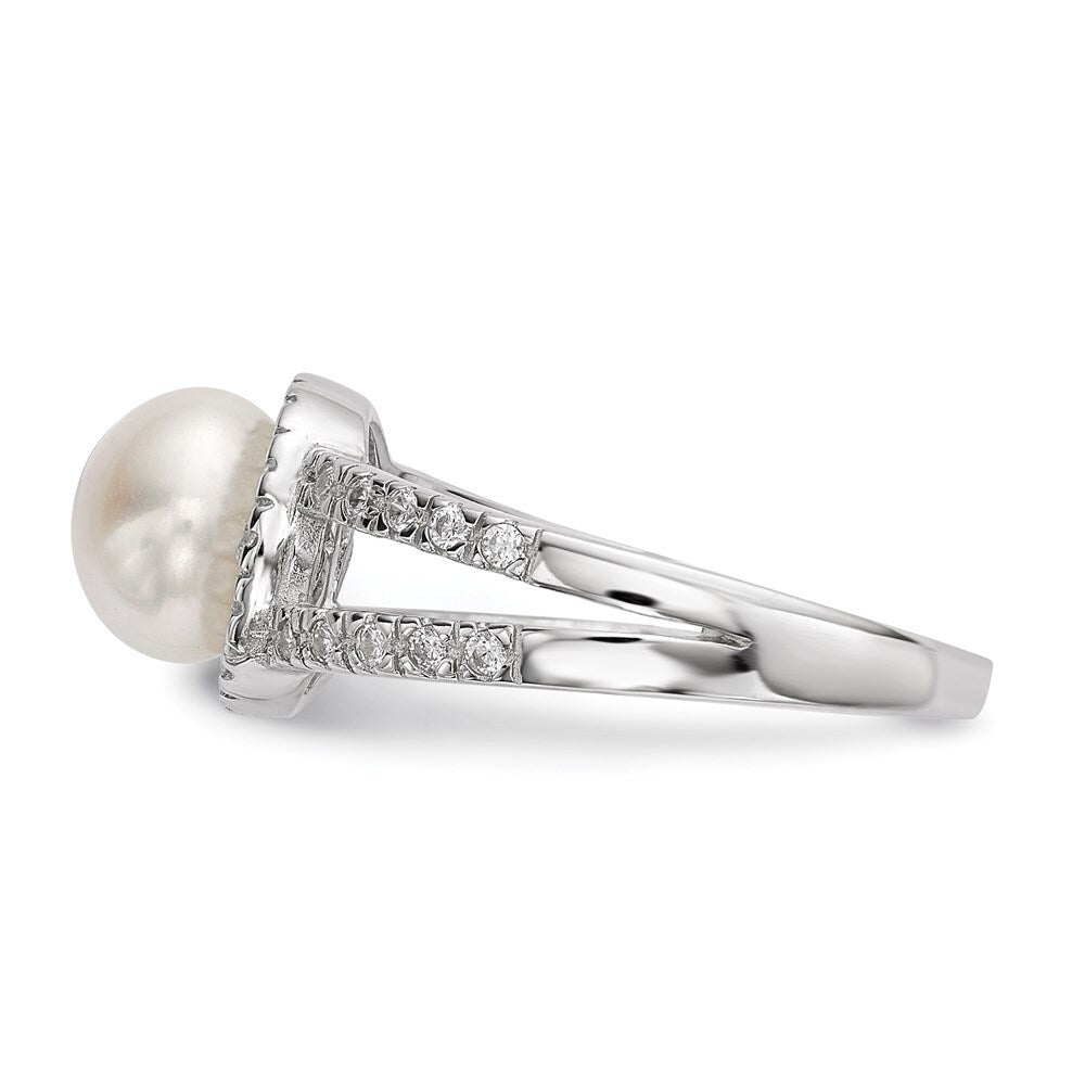 Sterling Silver 7-8mm White Button Freshwater Cultured Pearl and CZ Ring