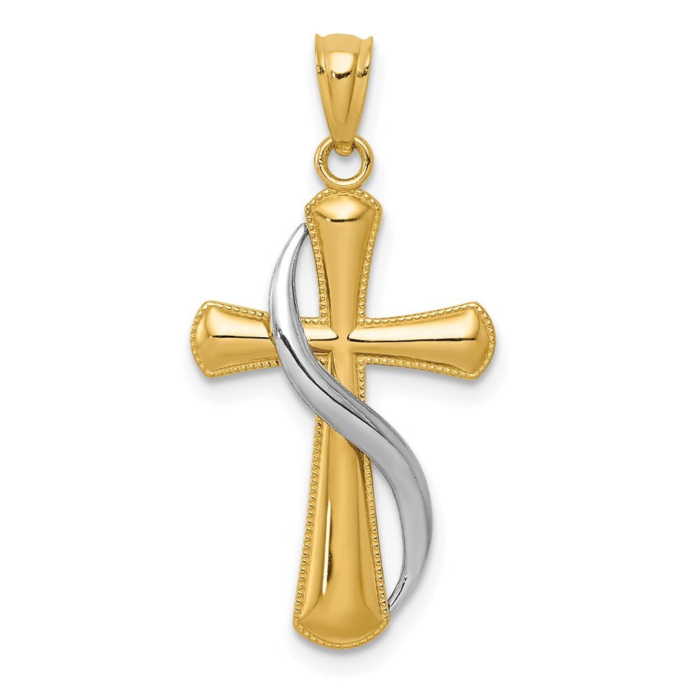 14k Two-tone Gold Polished Cross Drape Pendant for Women