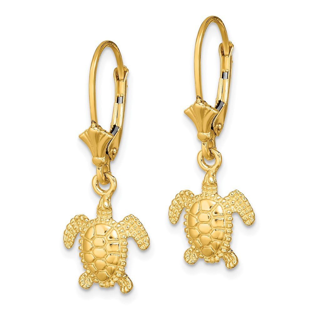 14k Yellow Gold 3-D Polished Mini Sea Turtle Drop Dangle Earrings