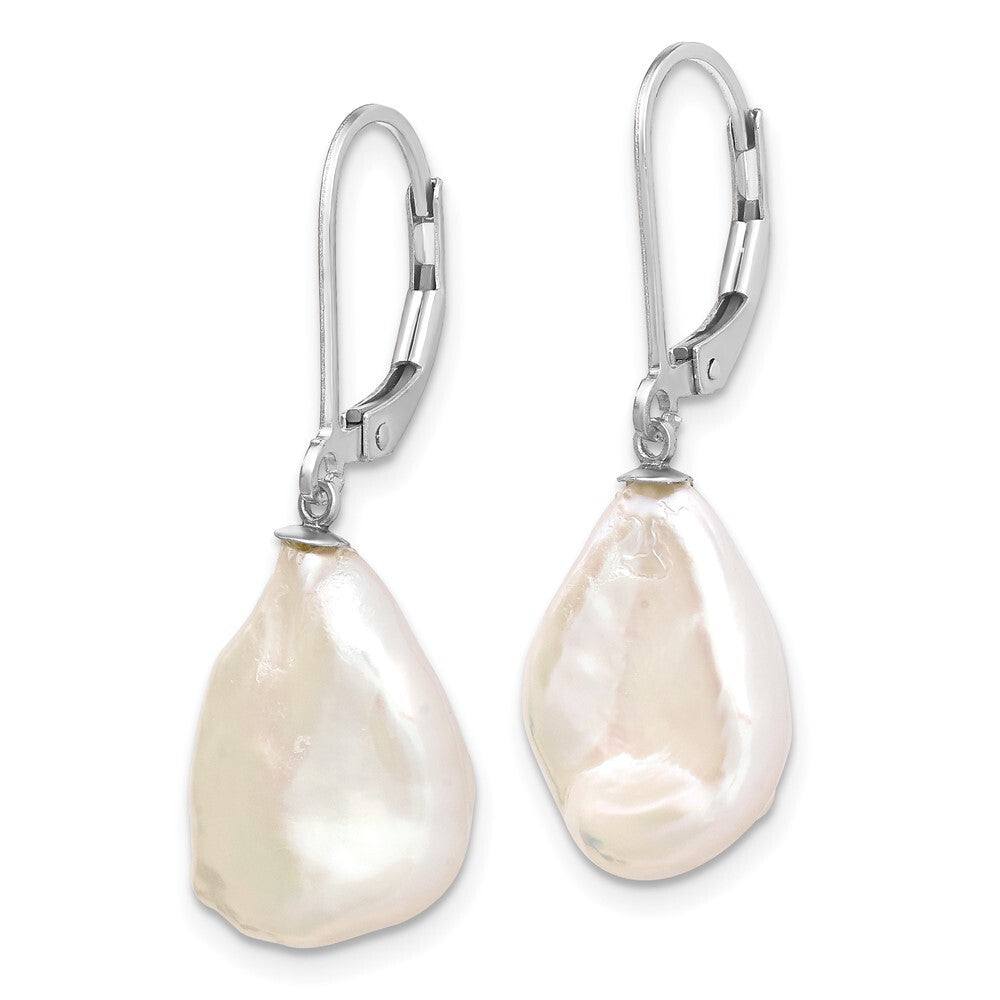 Sterling Silver 13-15mm Keshi Cultured Pearl Leverback Dangle Earrings