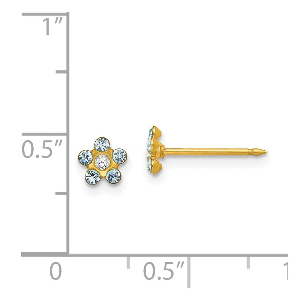 14k Yellow Gold March Lt Blue Crystal Birthstone Flower Stud Earrings