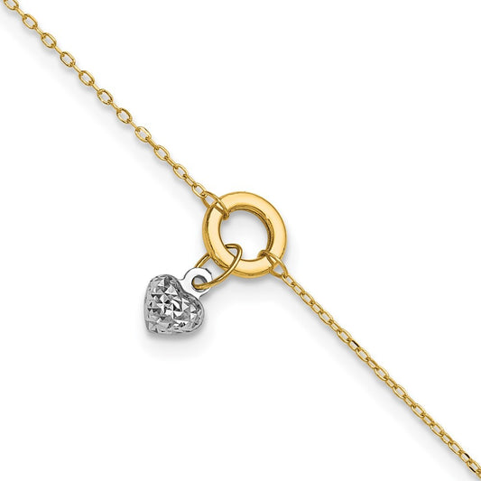 14K Two-tone Circle with Diamond-cut Puffed Heart Dangle 10" Anklet