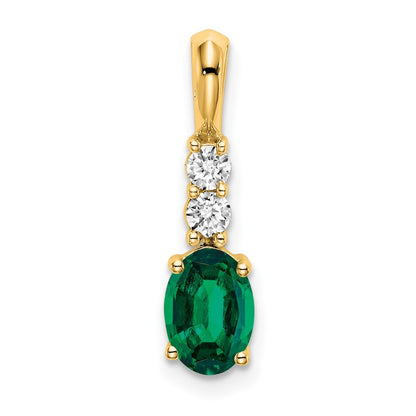 14k Yellow Gold Oval Created Emerald and Diamond Pendant