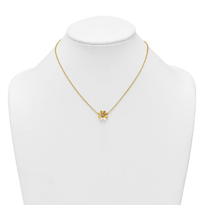 14k Yellow Gold Polished Daisy with White Rhodium Center Necklace 16+2"