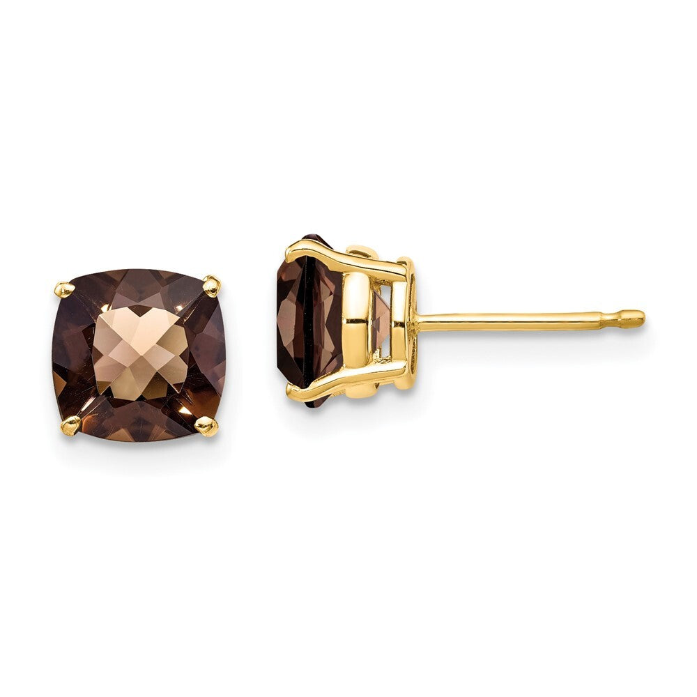 14k Yellow Gold 7mm Cushion Checker-Cut Smoky Quartz Earrings Gift for Women