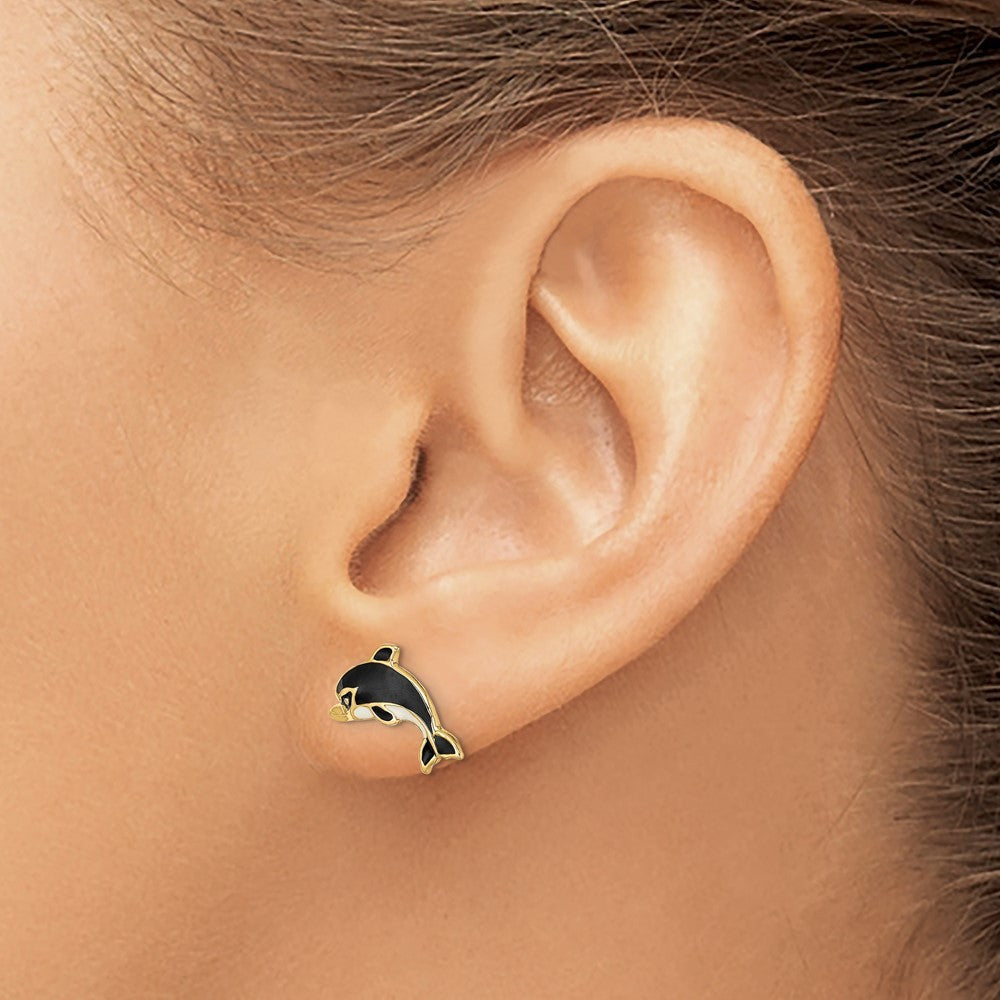 14k Yellow Gold White and Black Enamel Dolphin Earrings