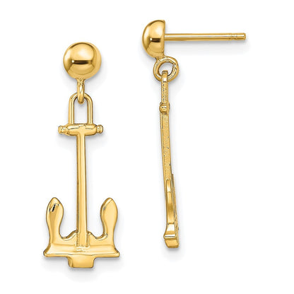 14k Yellow Gold Polished Navy Anchor Dangle Earrings
