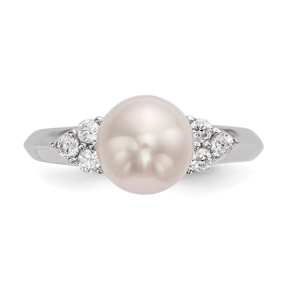 Sterling Silver 8-9mm White Button Freshwater Cultured Pearl and CZ Ring
