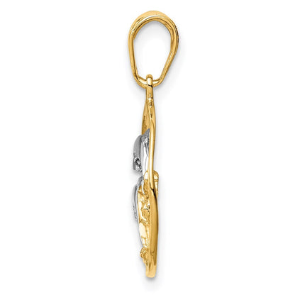 14k Yellow Gold and Rhodium Double Dolphins In Circle Pendant for Women