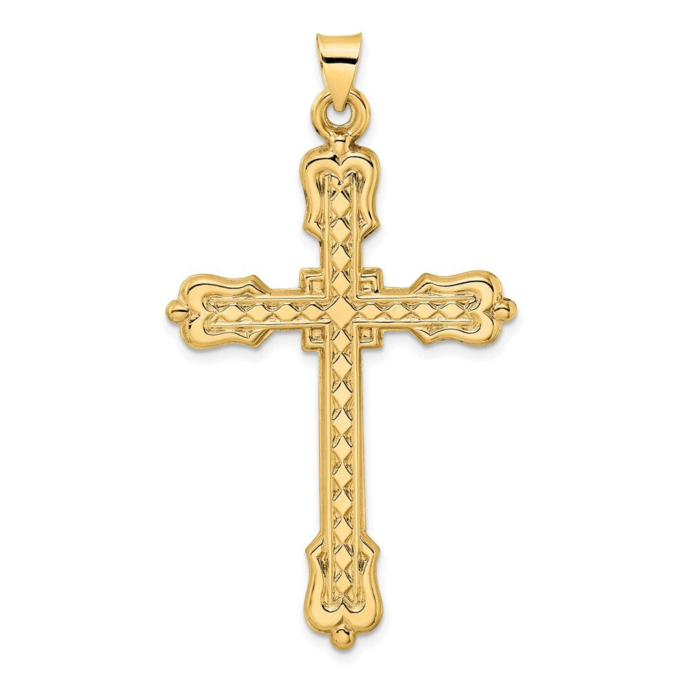 14k Yellow Gold Polished Diamond Pattern Hollow Cross Pendant for Women