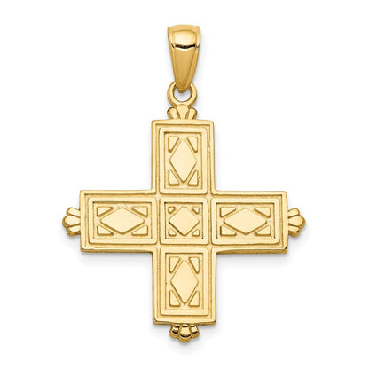14k Yellow Gold Etched Square Cross Crown Tips Pendant