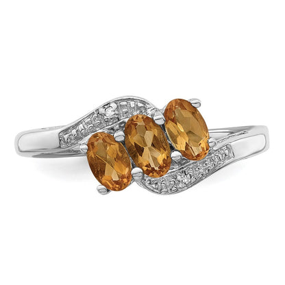 Sterling Silver Rhodium 3 Stone Citrine & Diamond Ring Size 6