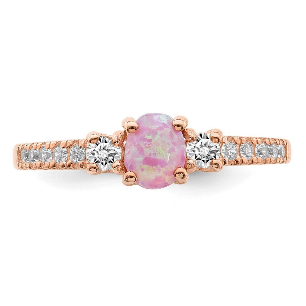 Sterling Silver Rose-tone Created Pink Opal and Cubic Zirconia Ring Size 8