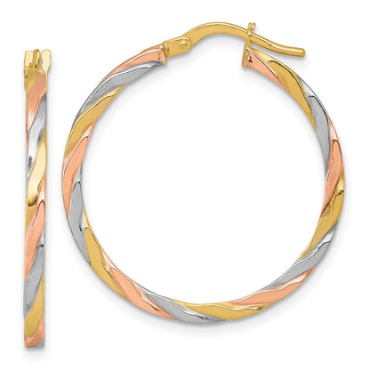 14k Yellow Gold with Rose and White Rhodium Twisted Tube Hoop Earrings